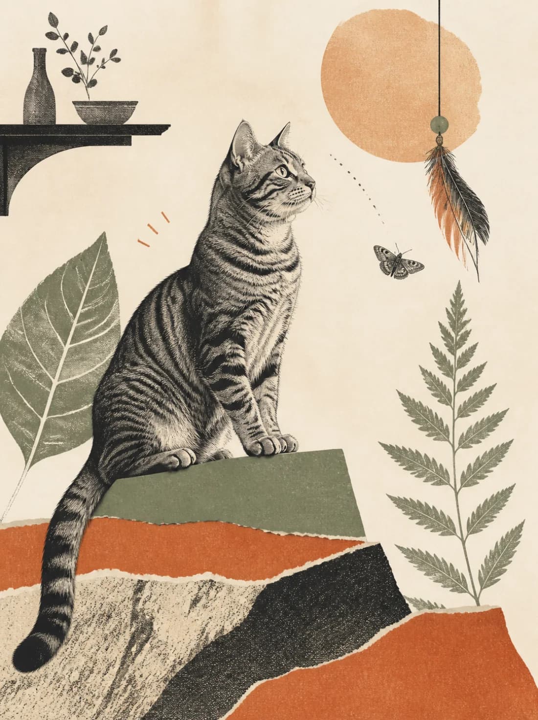 Editorial collage portrait of an observant cat