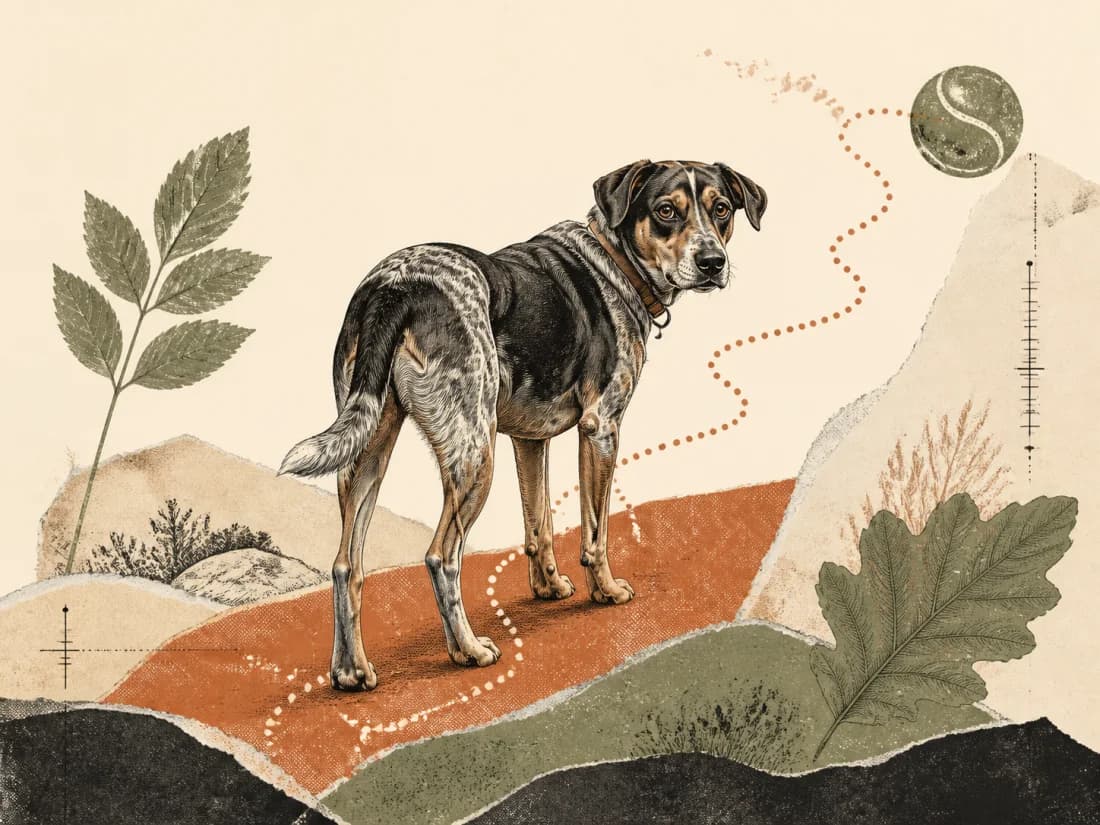 Editorial collage portrait of a curious dog