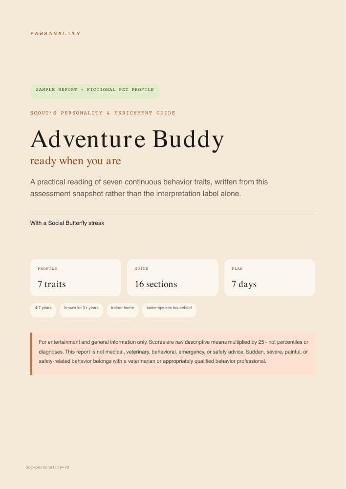 Cover of Scout’s sample personality and enrichment report
