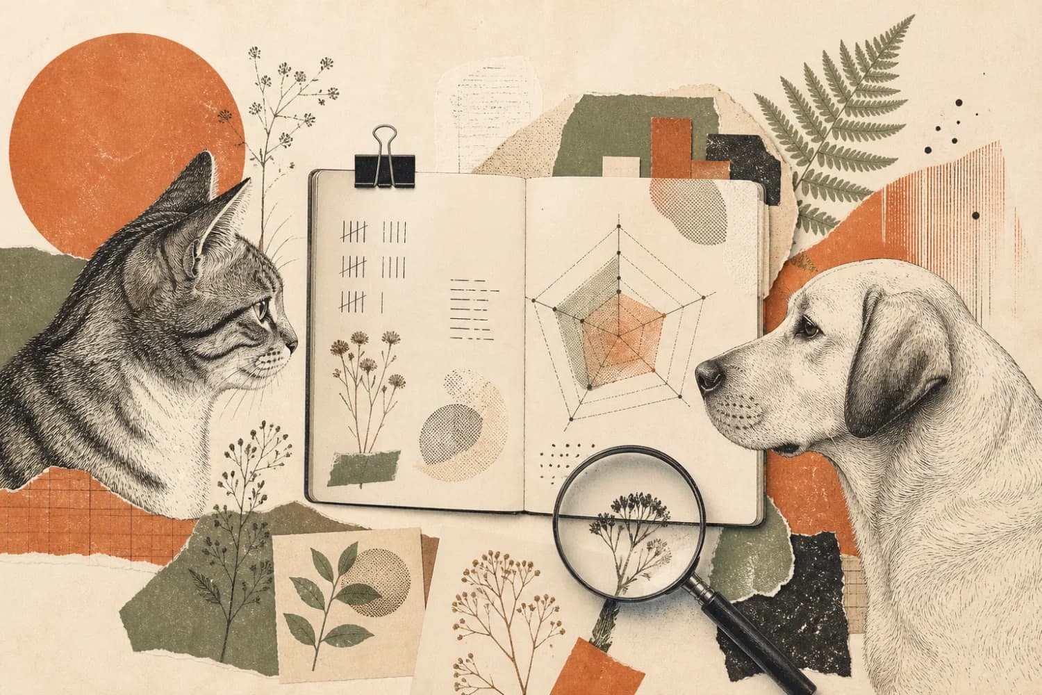 Editorial collage of behavioral observation notes, a cat, a dog, and measurement marks